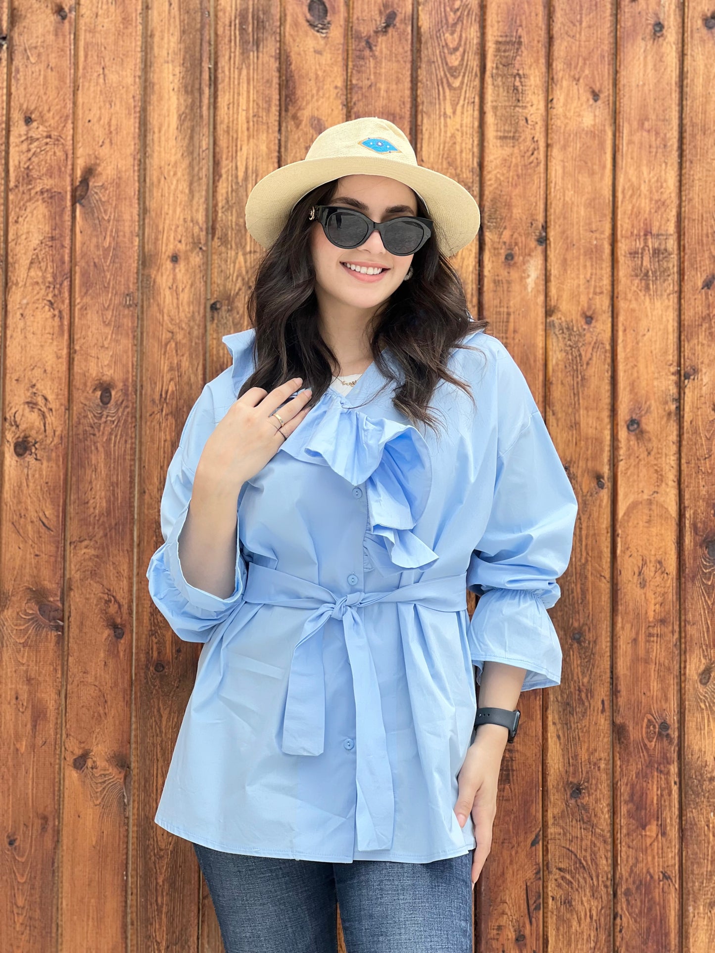 Ruffled Collar Shirt ( Sky Blue)