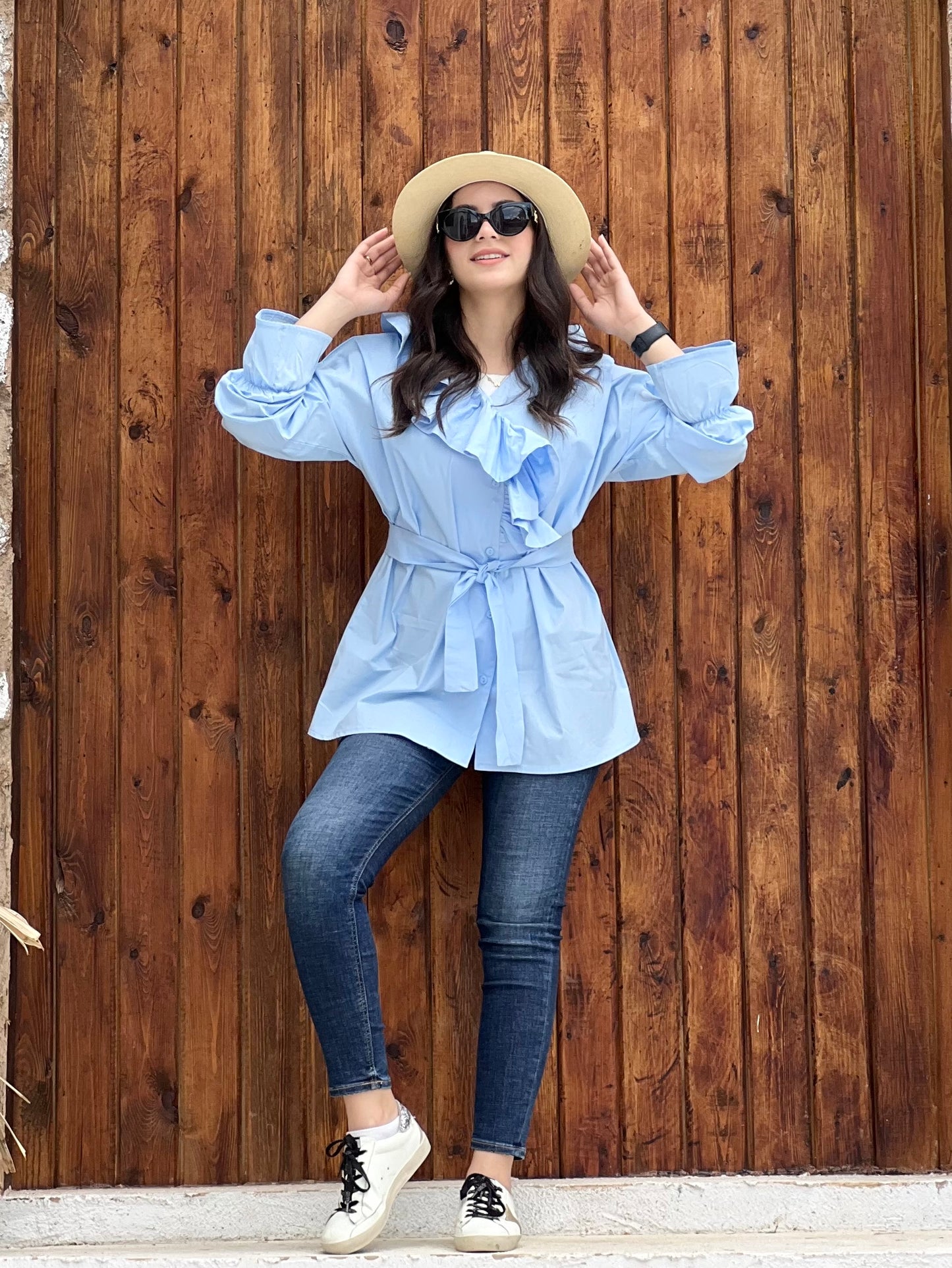 Ruffled Collar Shirt ( Sky Blue)