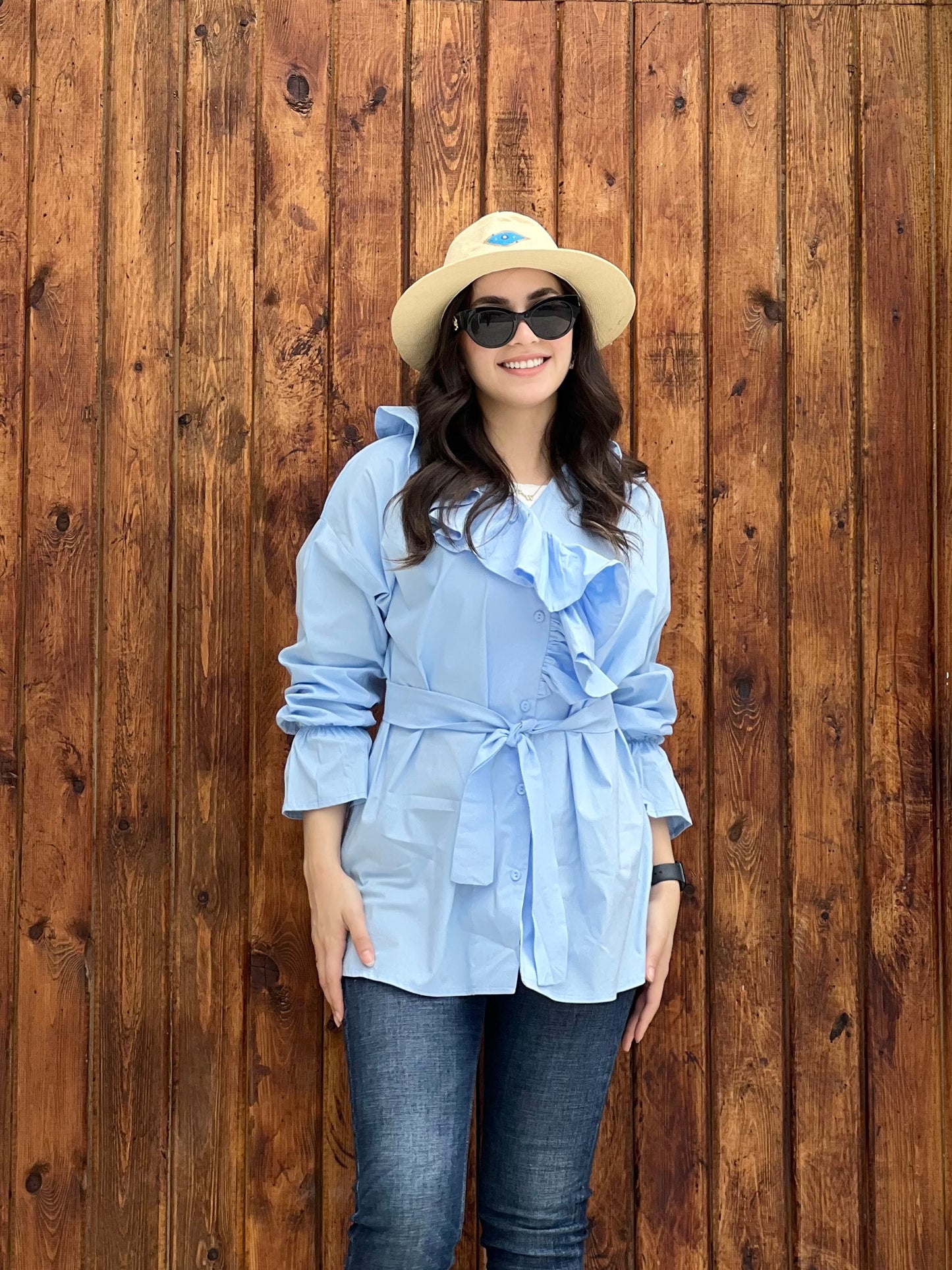Ruffled Collar Shirt ( Sky Blue)