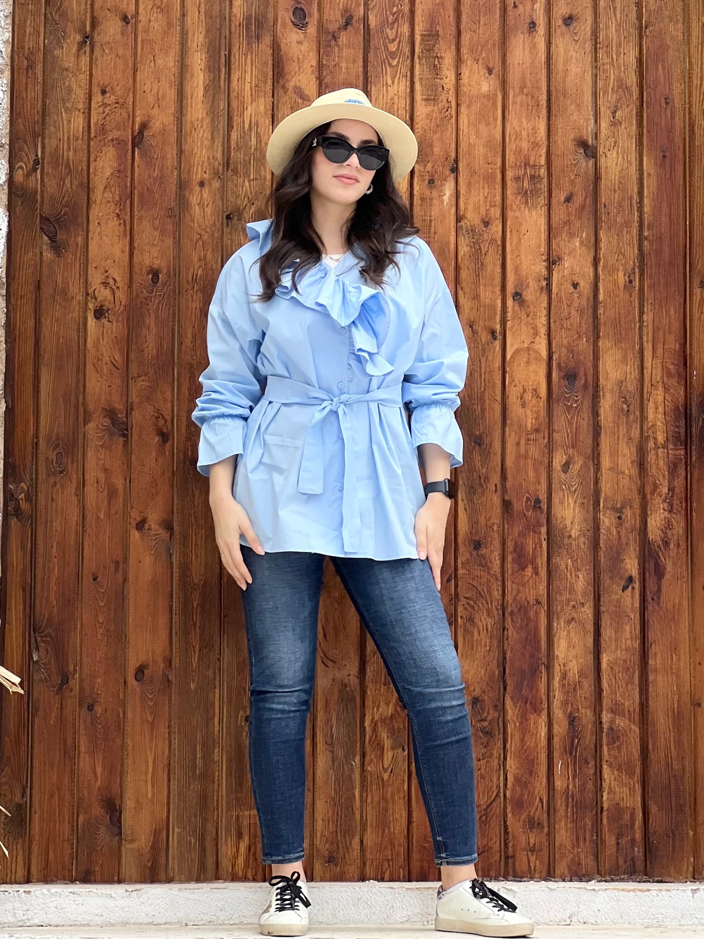Ruffled Collar Shirt ( Sky Blue)