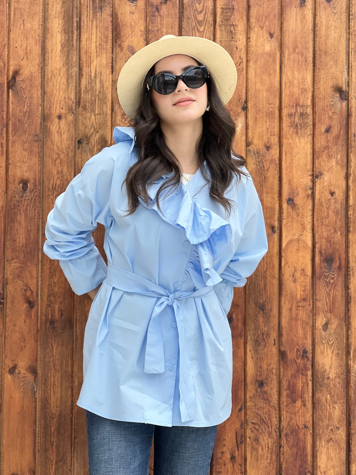 Ruffled Collar Shirt ( Sky Blue)