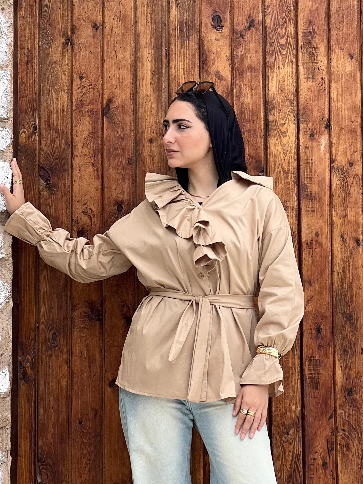 Ruffled Collar Shirt ( Sand Beige)