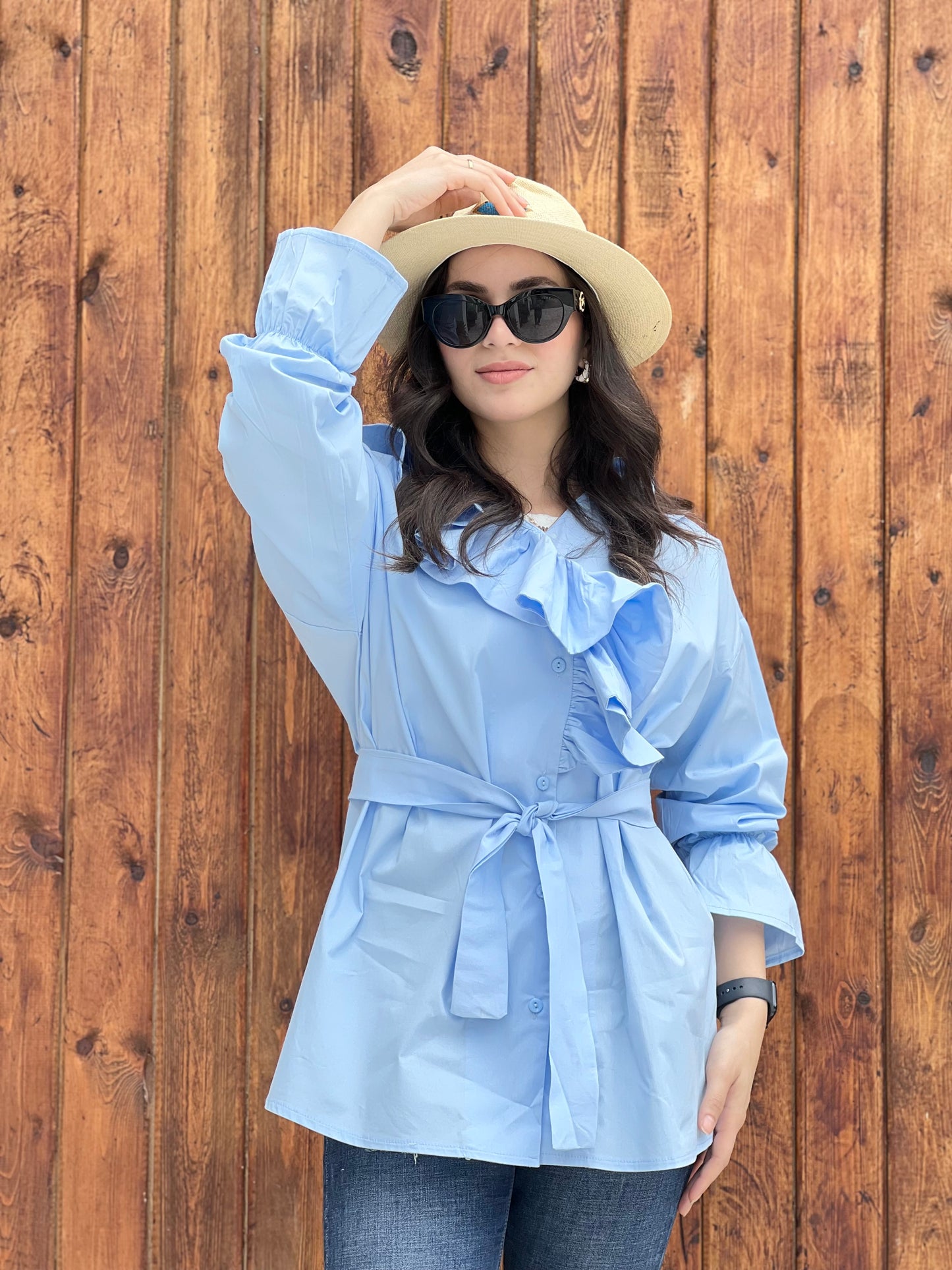 Ruffled Collar Shirt ( Sky Blue)