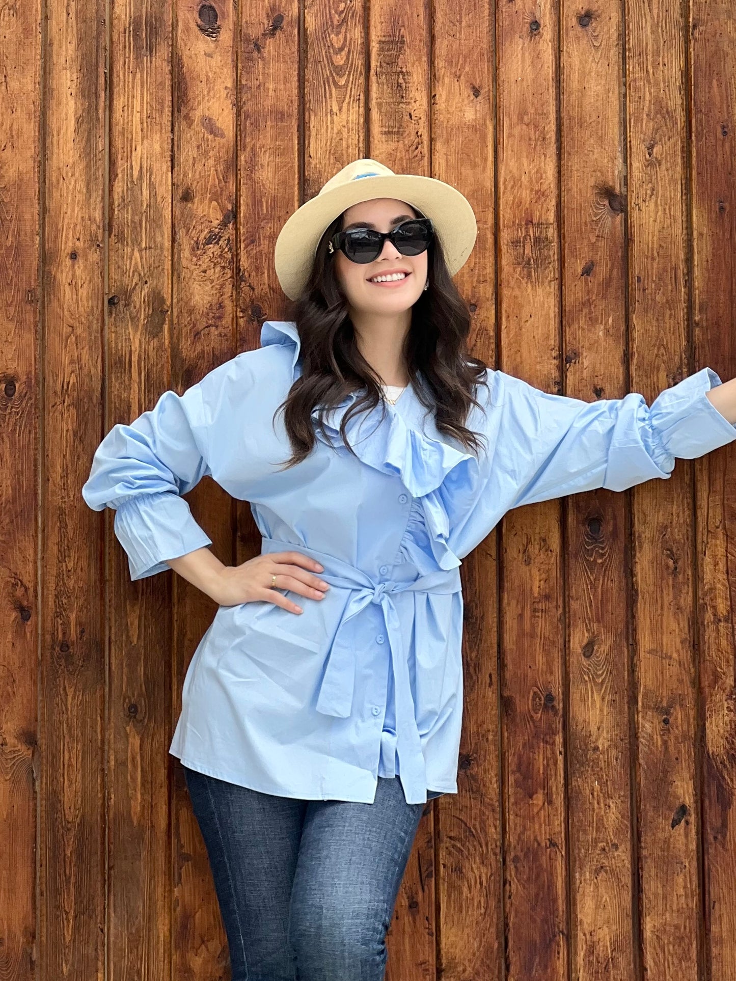 Ruffled Collar Shirt ( Sky Blue)