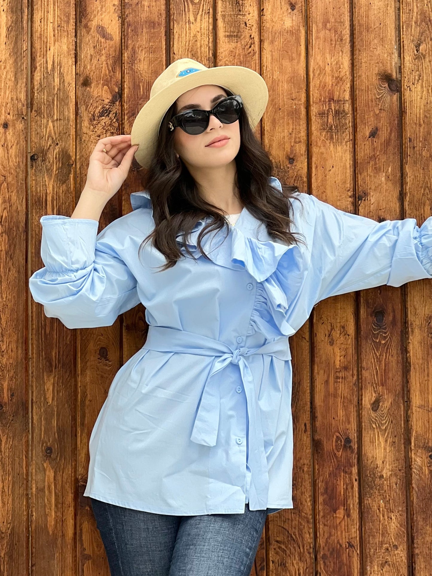 Ruffled Collar Shirt ( Sky Blue)