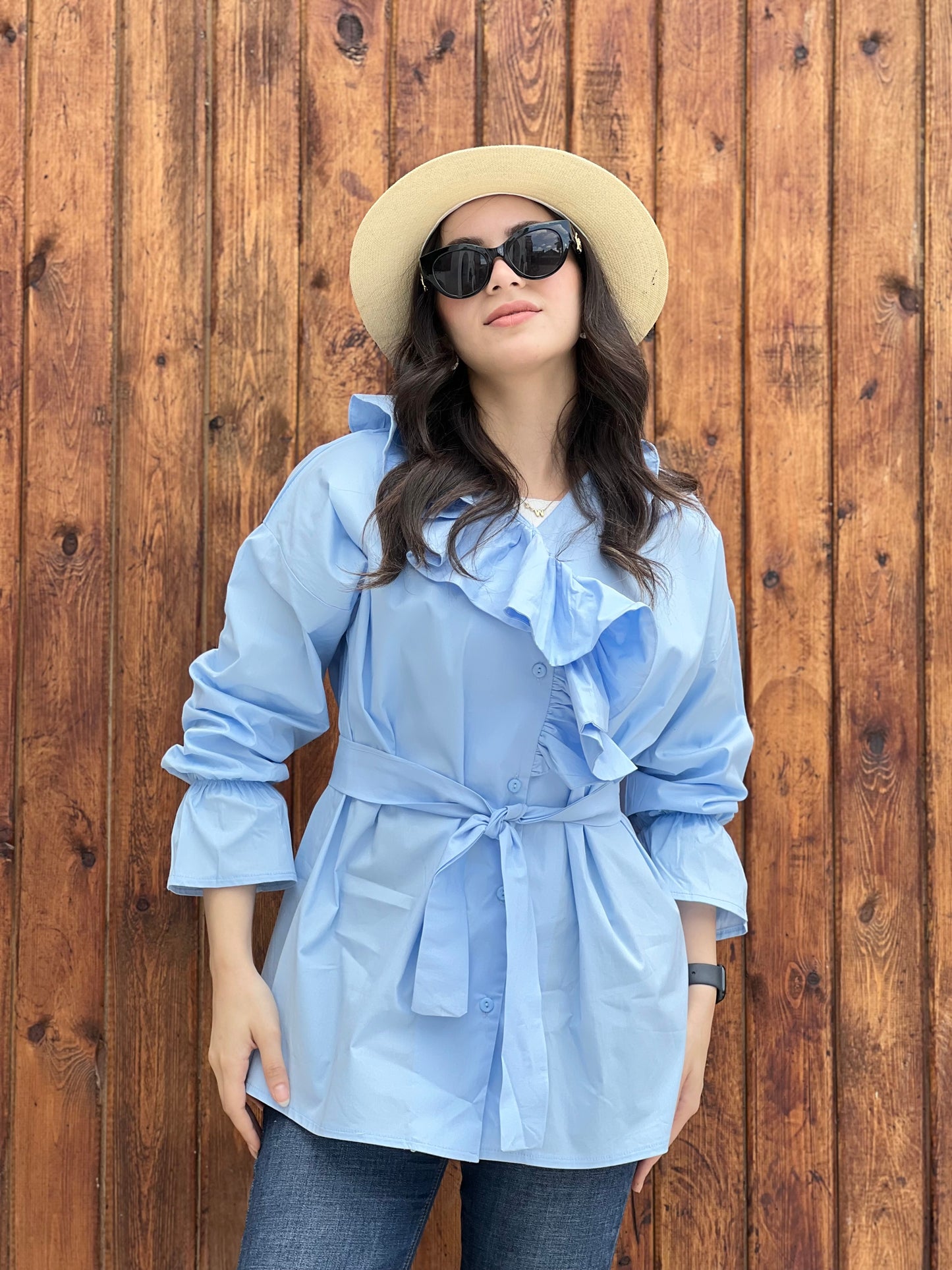 Ruffled Collar Shirt ( Sky Blue)