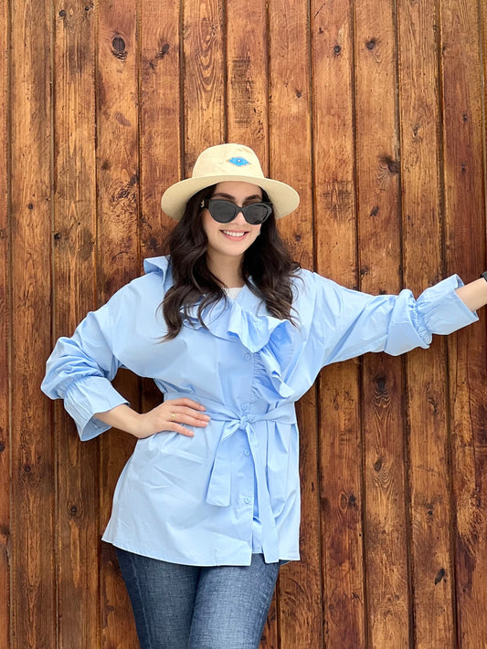 Ruffled Collar Shirt ( Sky Blue)