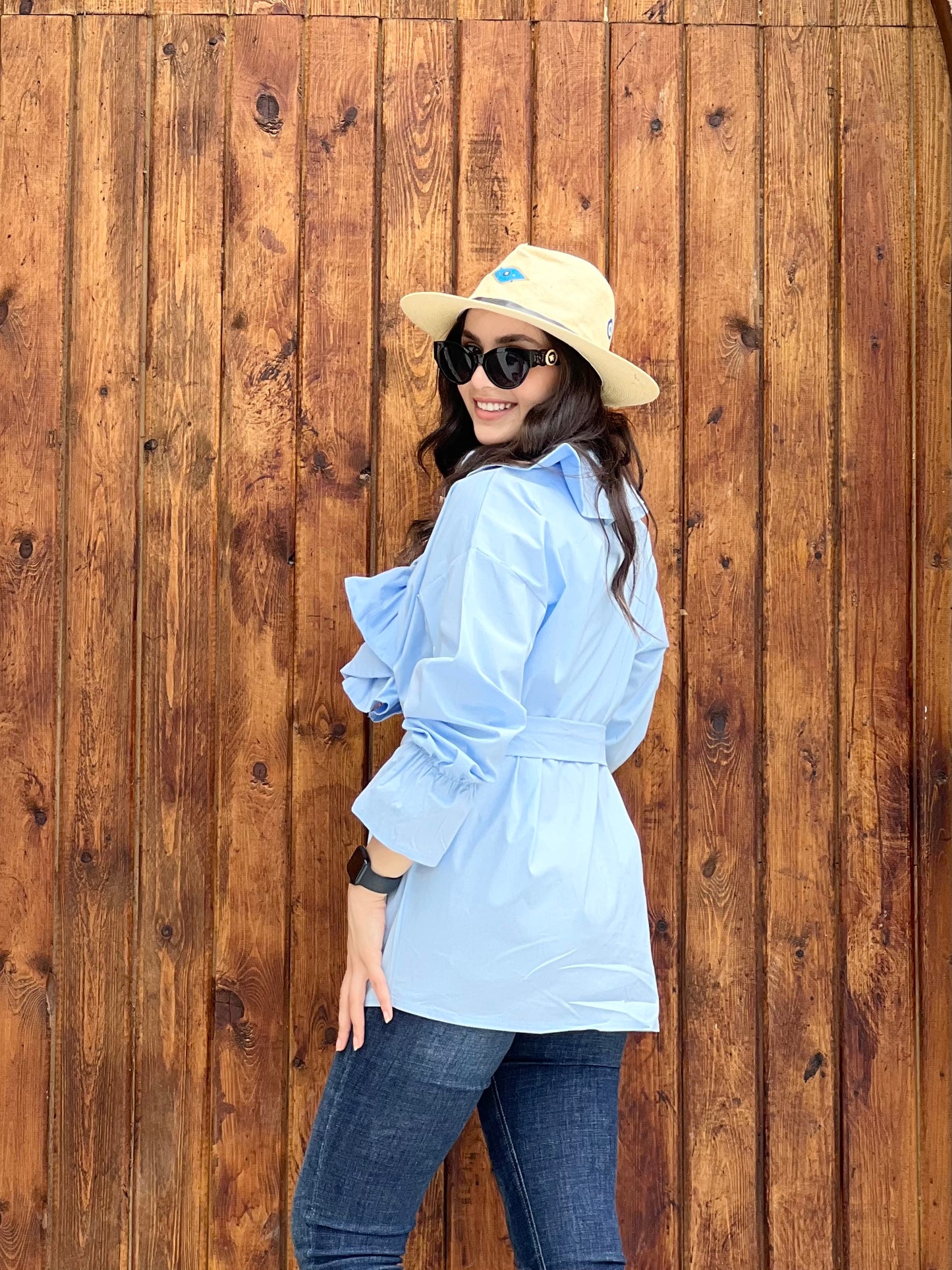 Ruffled Collar Shirt ( Sky Blue)