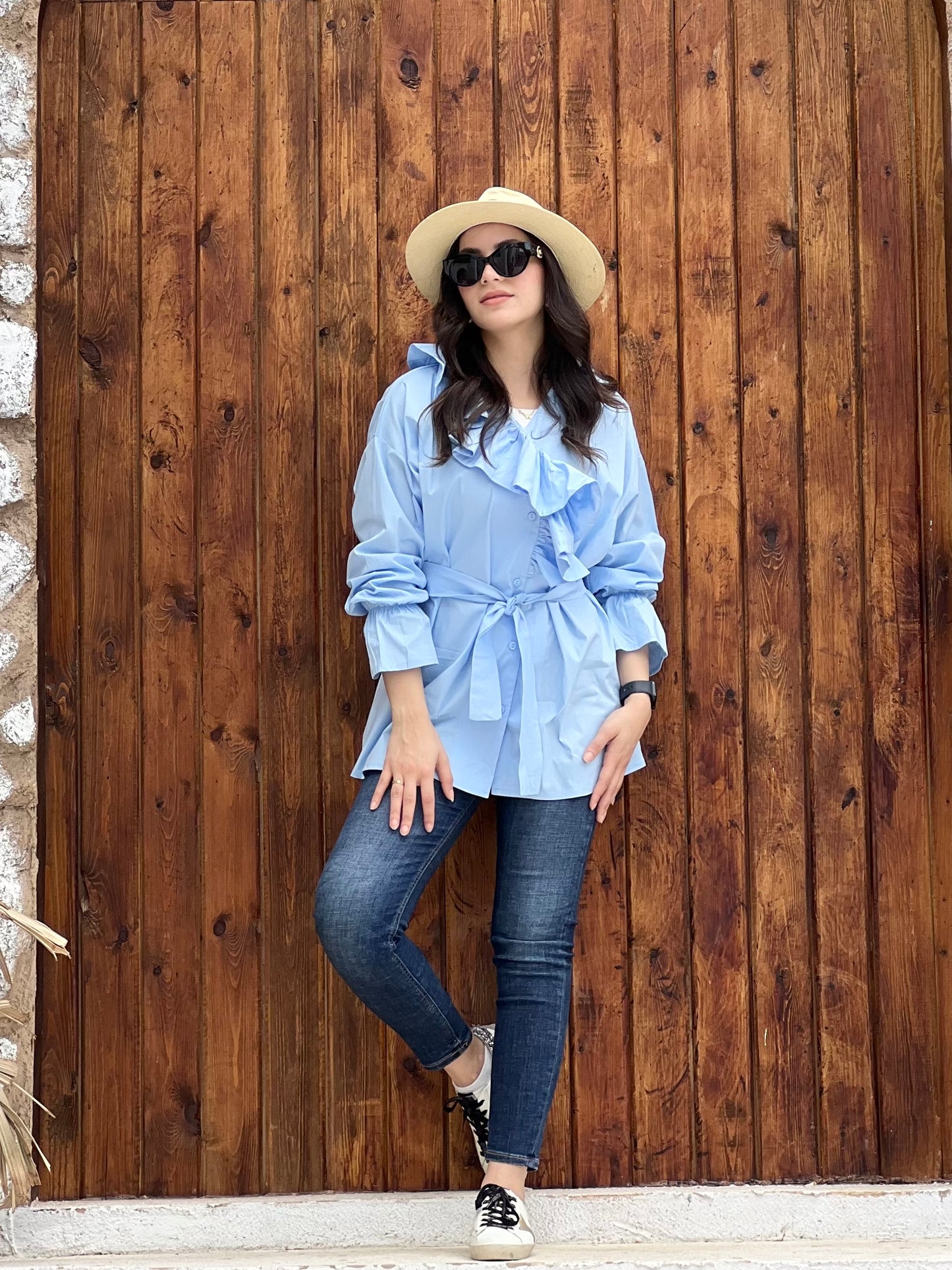 Ruffled Collar Shirt ( Sky Blue)