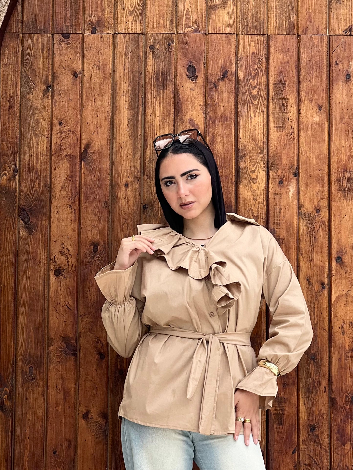 Ruffled Collar Shirt ( Sand Beige)