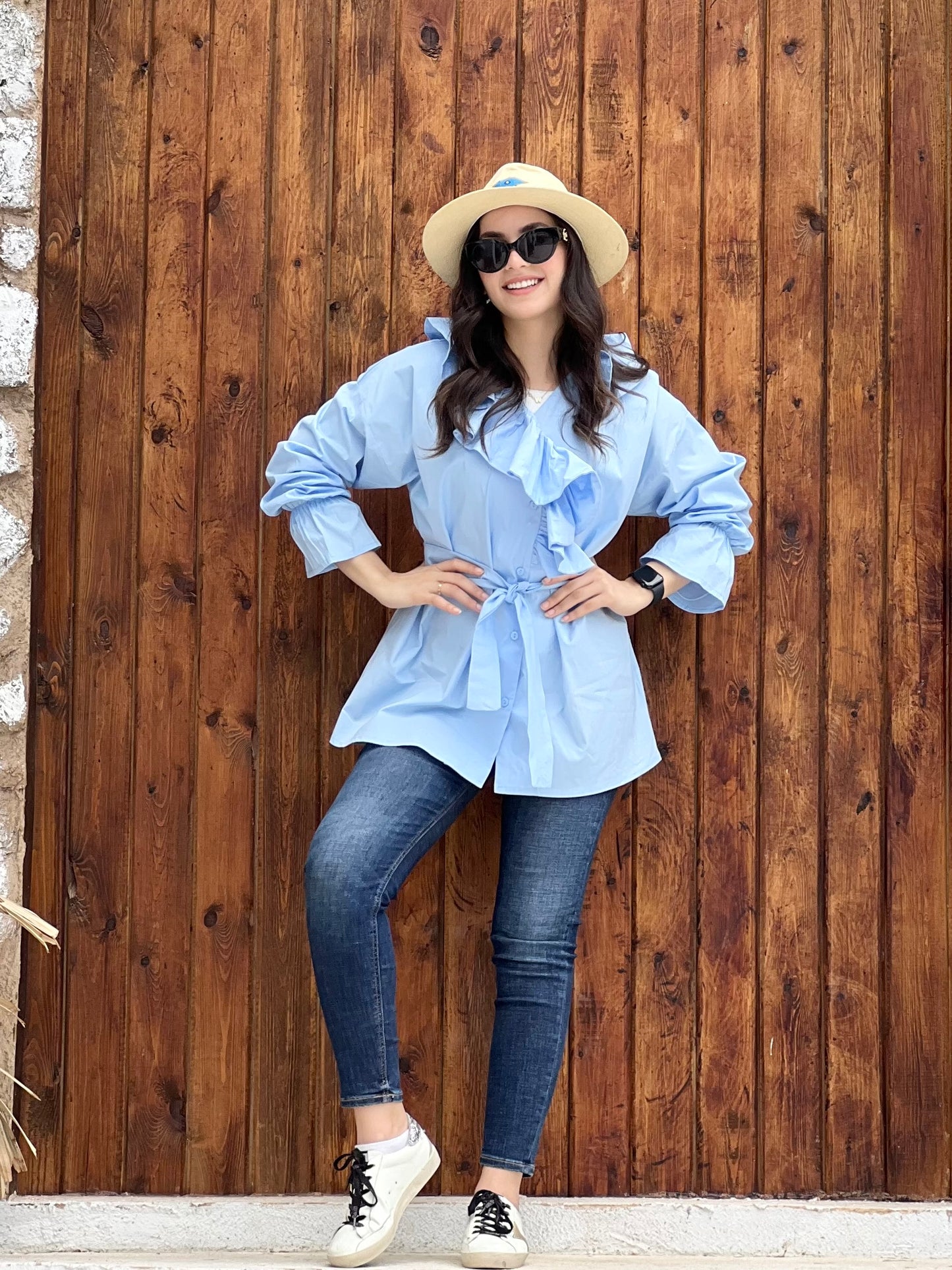 Ruffled Collar Shirt ( Sky Blue)