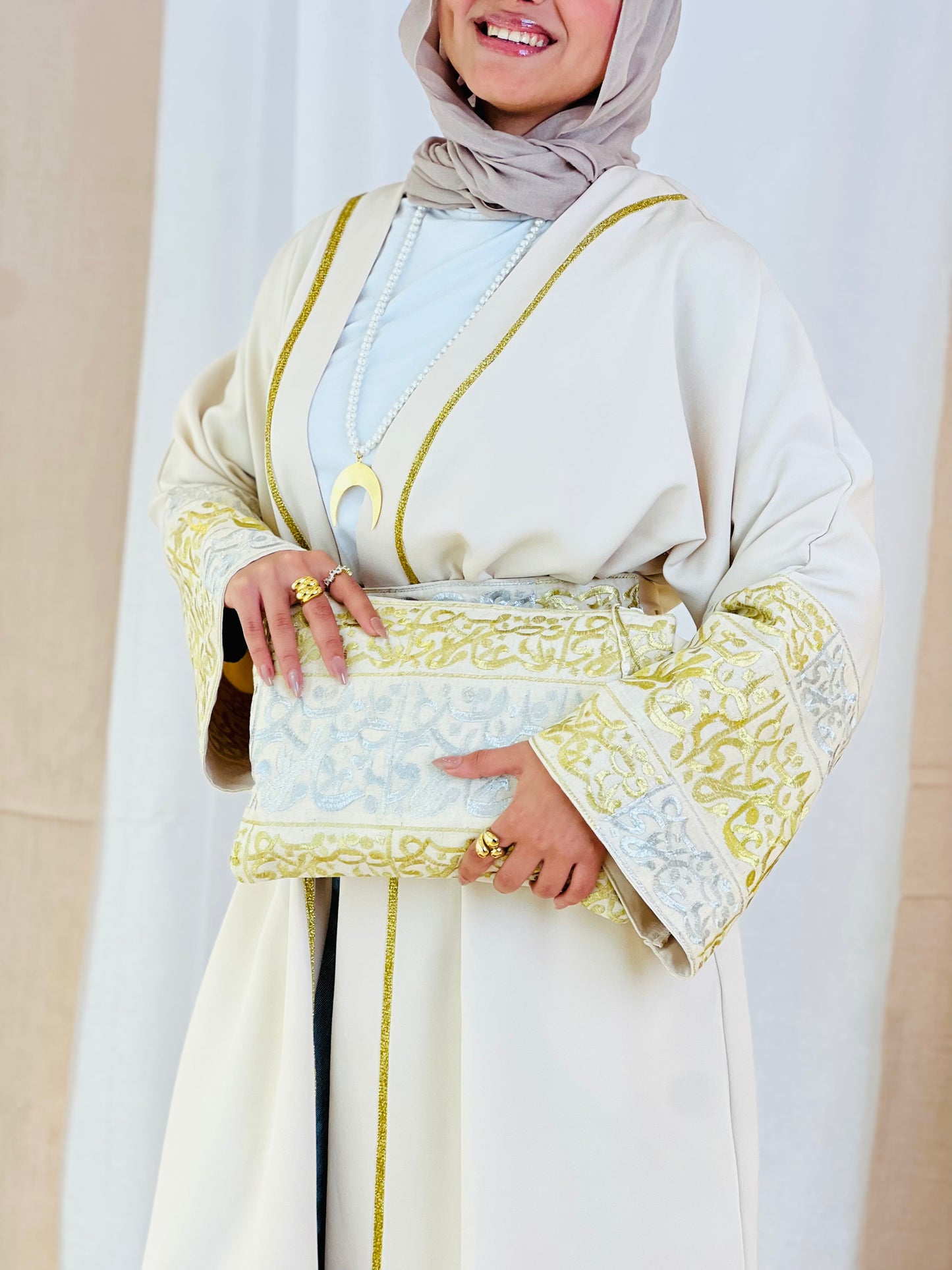 El Tarek Collection (Gold Silver Calligraphy beige kaftan)