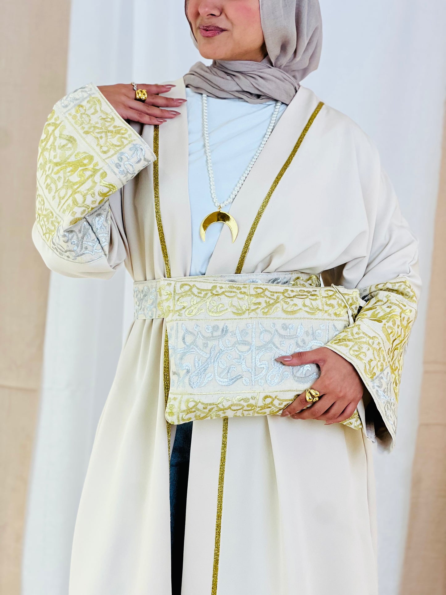El Tarek Collection (Gold Silver Calligraphy beige kaftan)