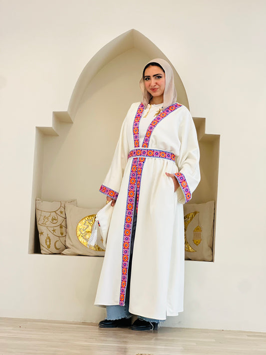 Floral Suede White Long Kaftan