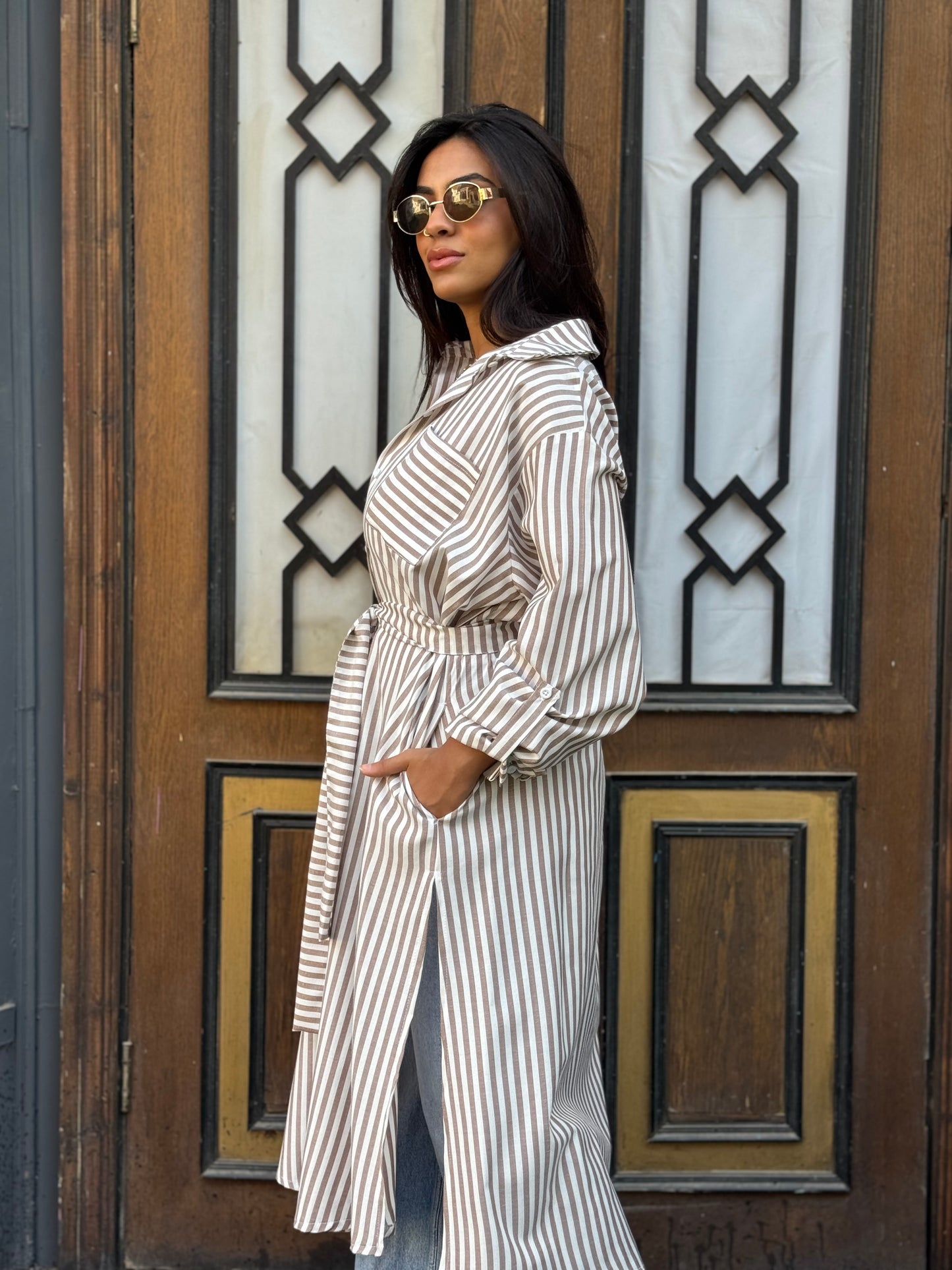 Beige Striped Chemise Dress