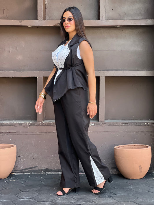 Striped Collar Vest Set in Black