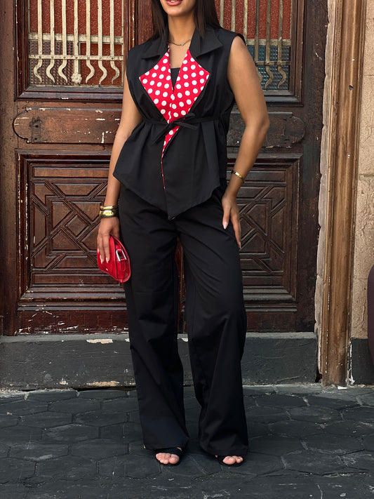 Polka Dots Collar Vest Set in Black