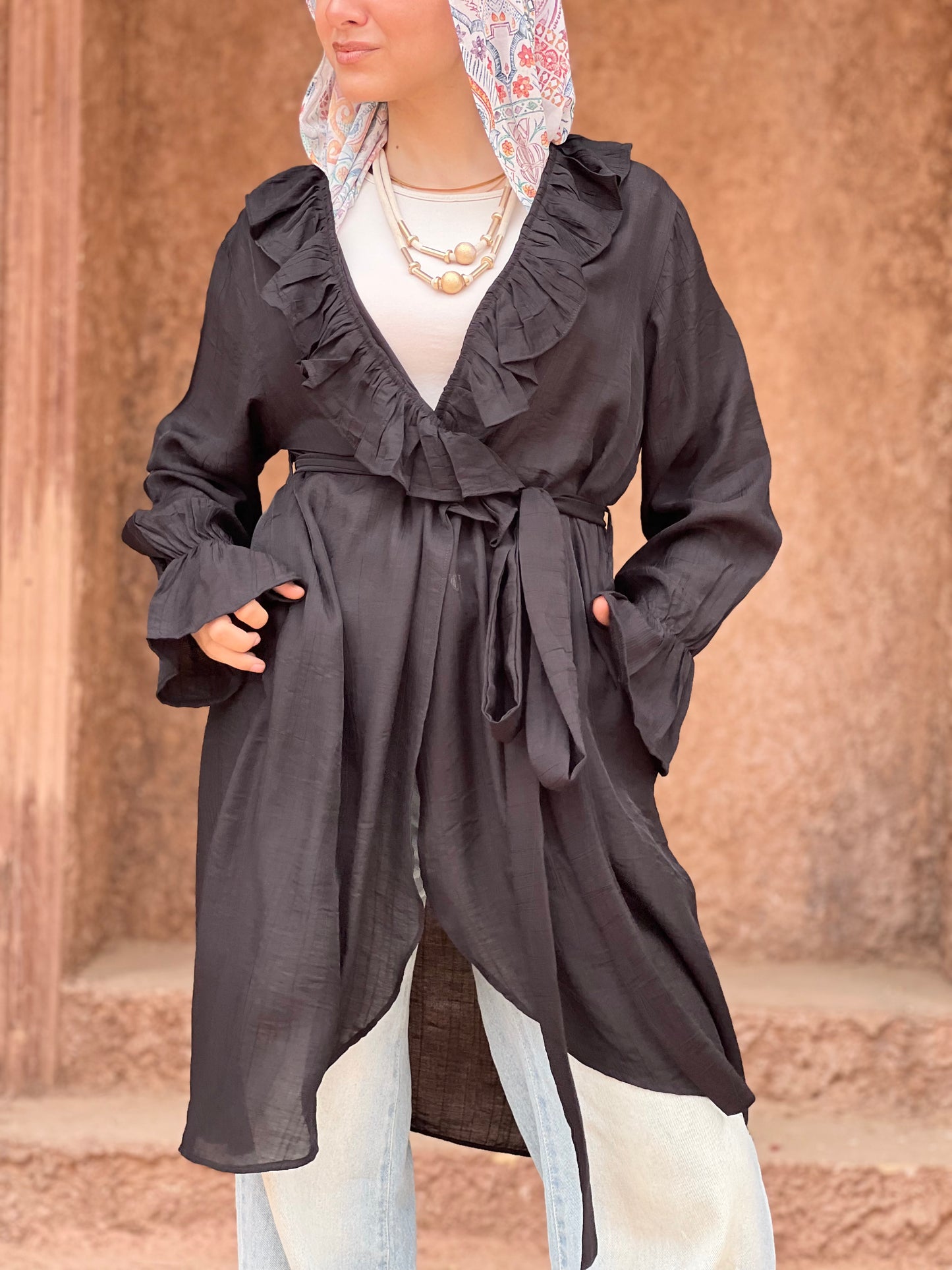 The Ruffle Wrap Cardigan (Black)