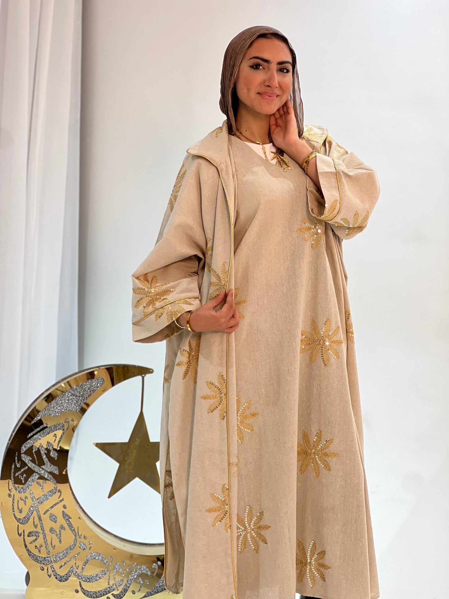 Beige Bloom linen Kaftan