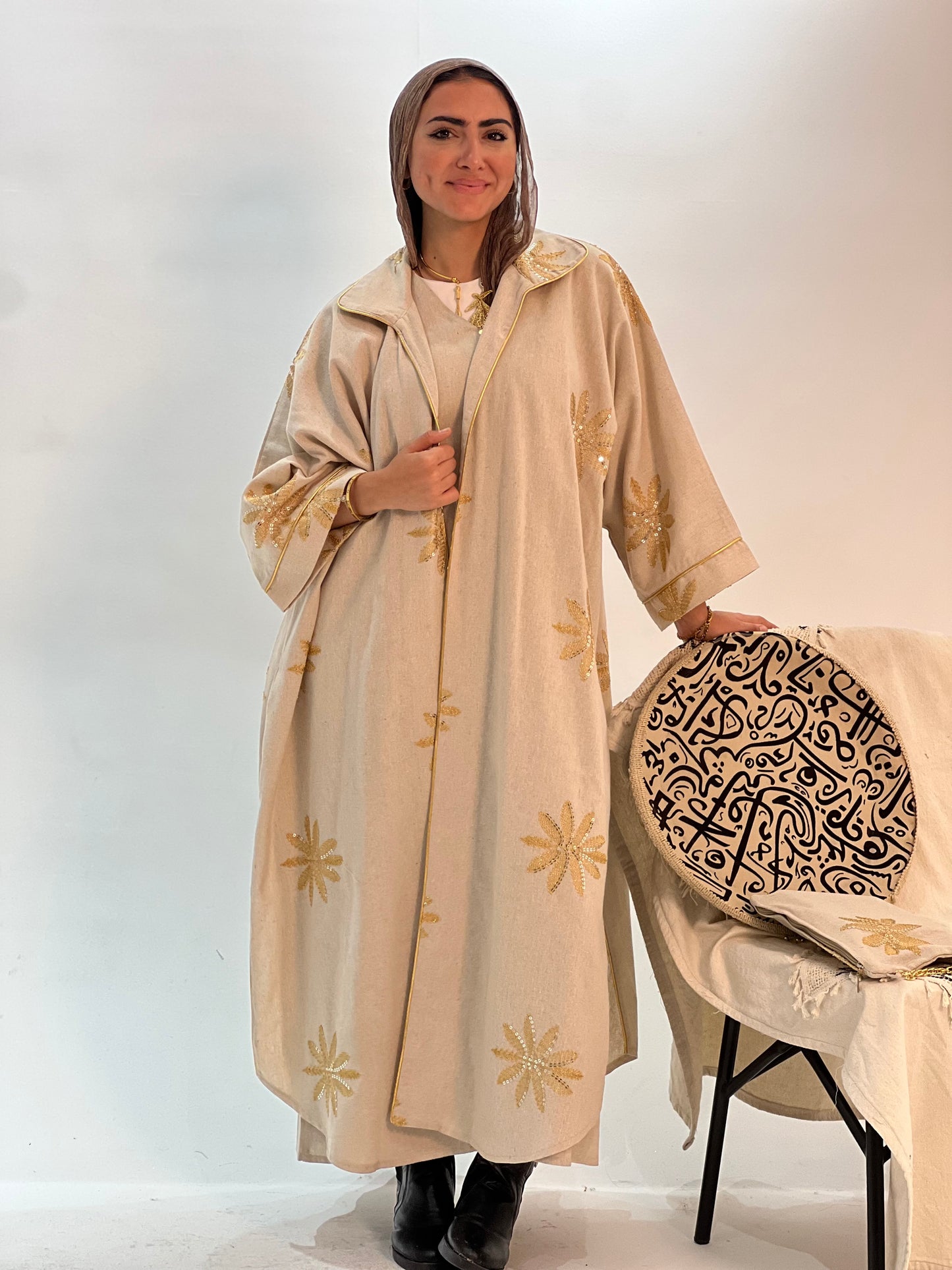 Beige Bloom linen Kaftan