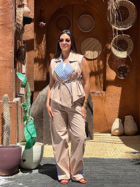 Striped Collar Vest Set in Beige