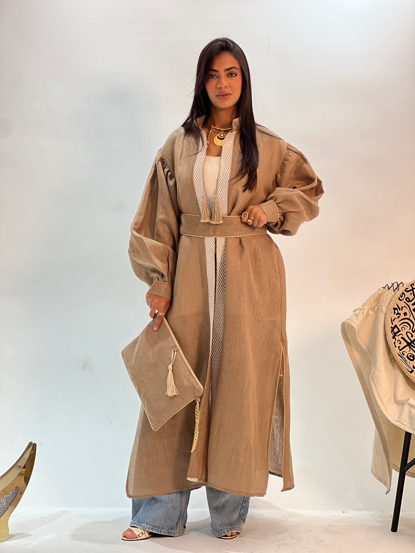Café Beige linen Kaftan ( with basic dress)
