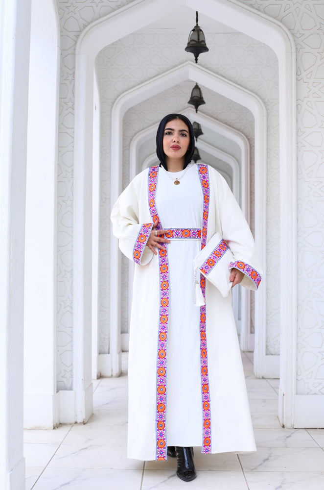 Floral Suede White Long Kaftan