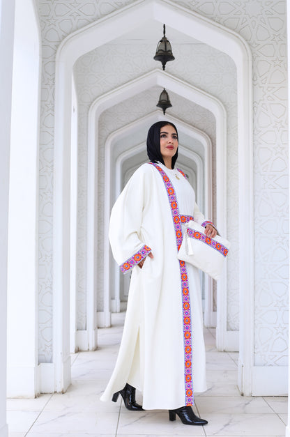 Floral Suede White Long Kaftan