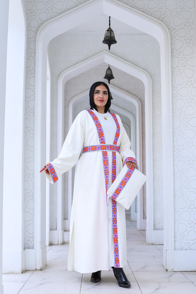 Floral Suede White Long Kaftan