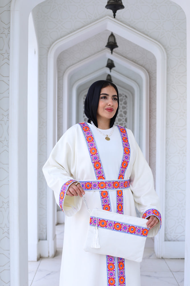 Floral Suede White Long Kaftan