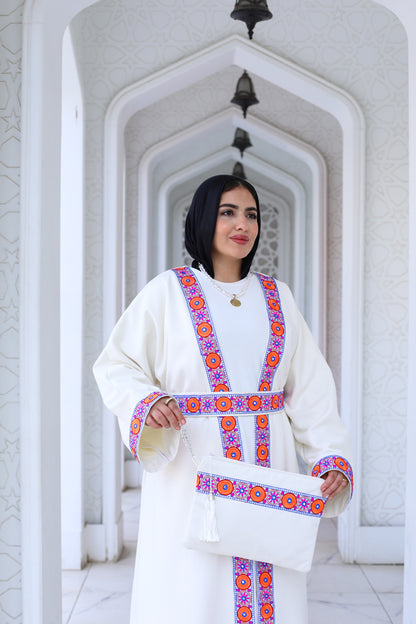 Floral Suede White Long Kaftan