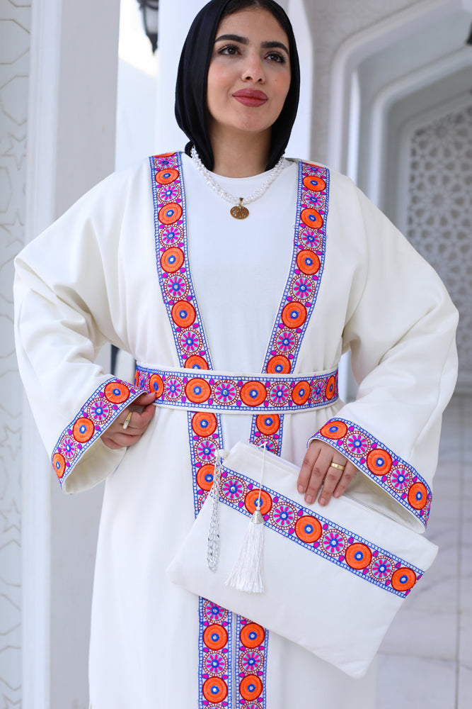 Floral Suede White Long Kaftan