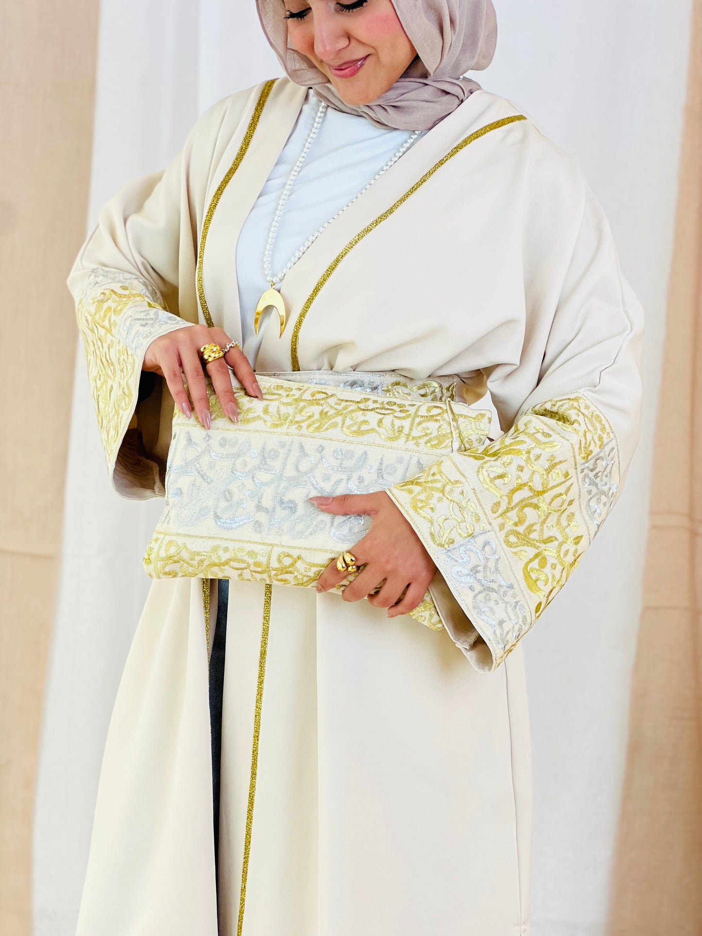 El Tarek Collection (Gold Silver Calligraphy beige kaftan)