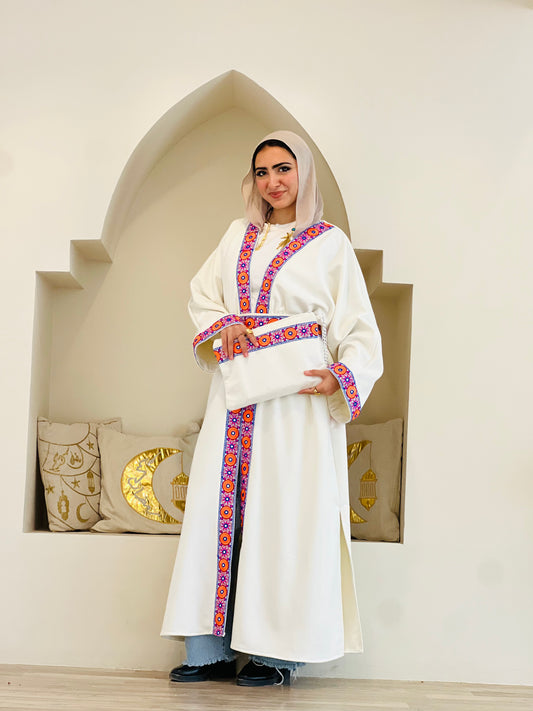 Floral Suede White Long Kaftan