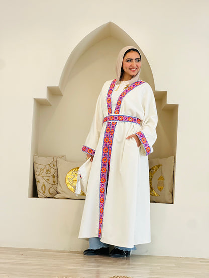 Floral Suede White Long Kaftan