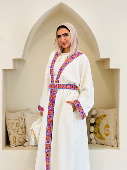 Floral Suede White Long Kaftan