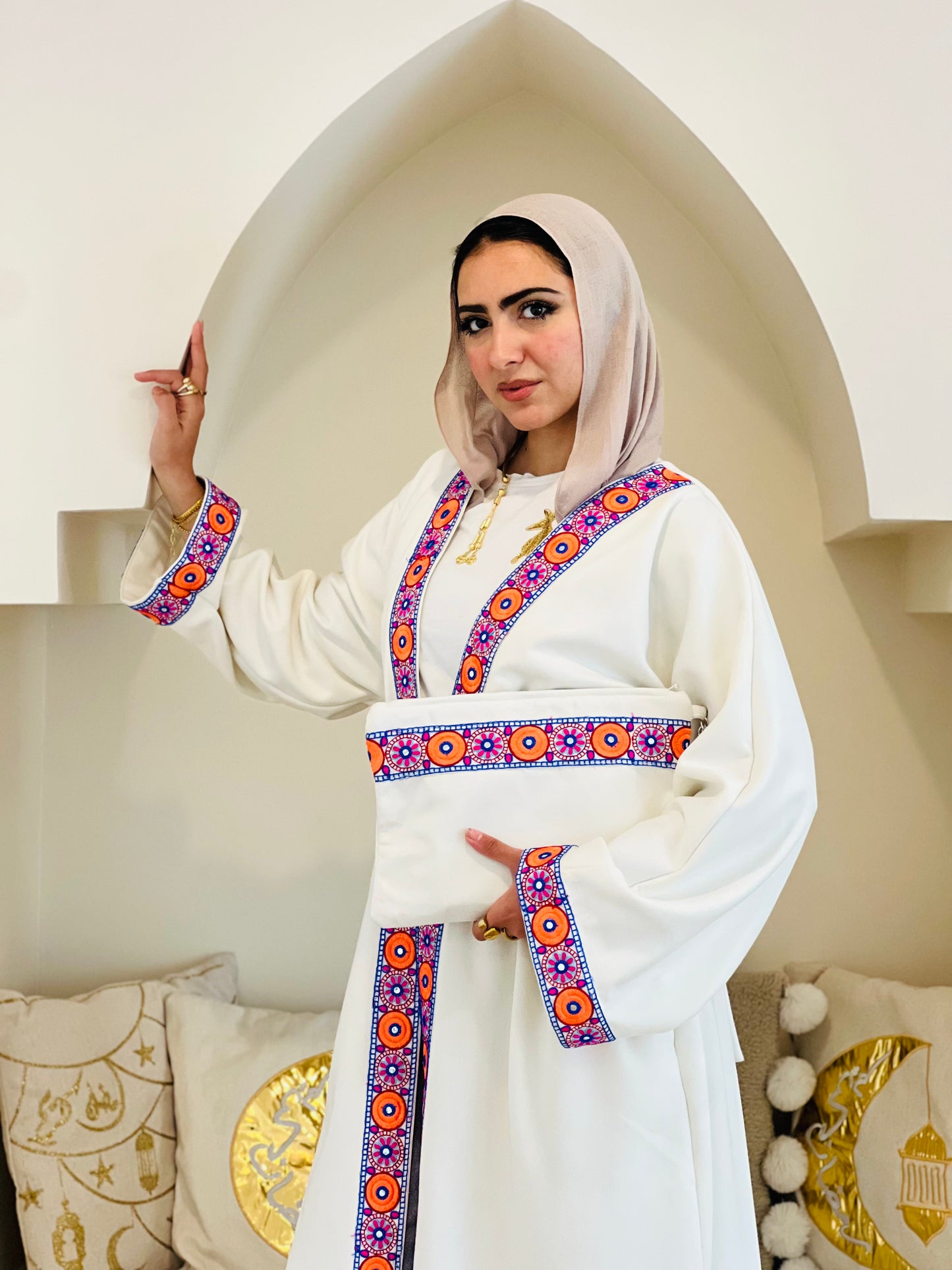 Floral Suede White Long Kaftan