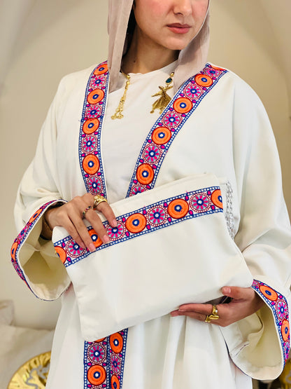 Floral Suede White Long Kaftan