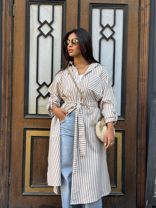 Beige Striped Chemise Dress