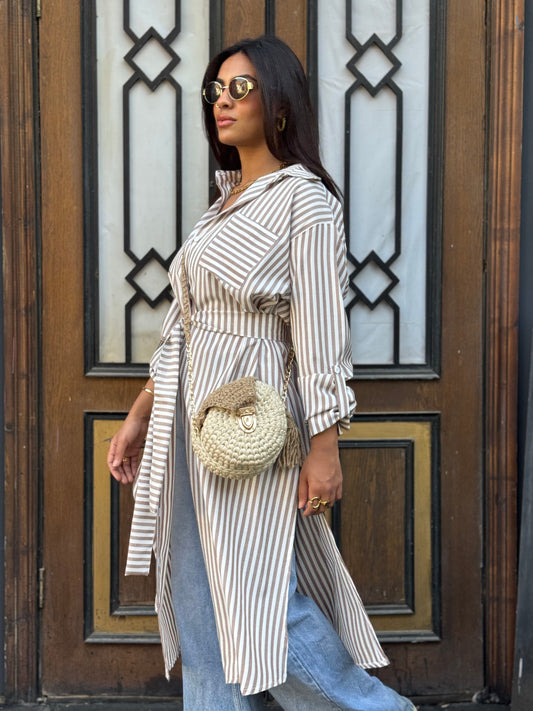 Beige Striped Chemise Dress