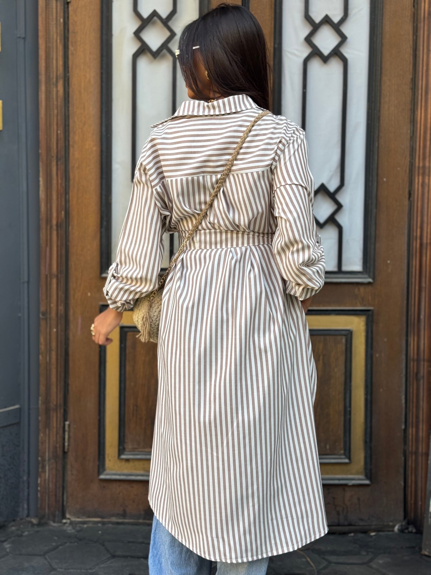 Beige Striped Chemise Dress
