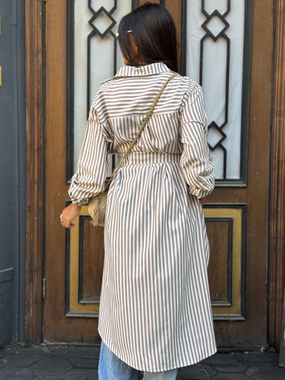 Beige Striped Chemise Dress