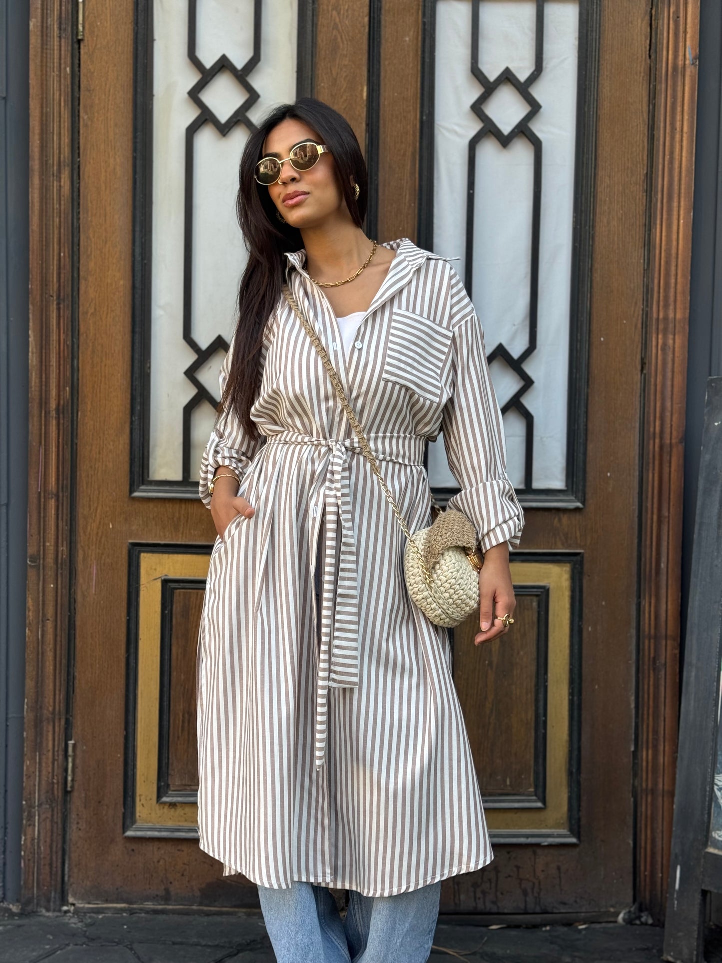 Beige Striped Chemise Dress
