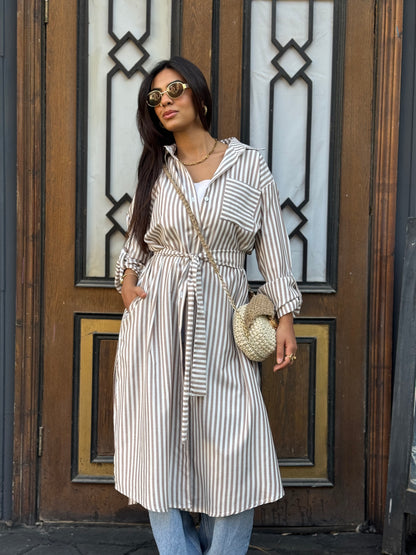 Beige Striped Chemise Dress