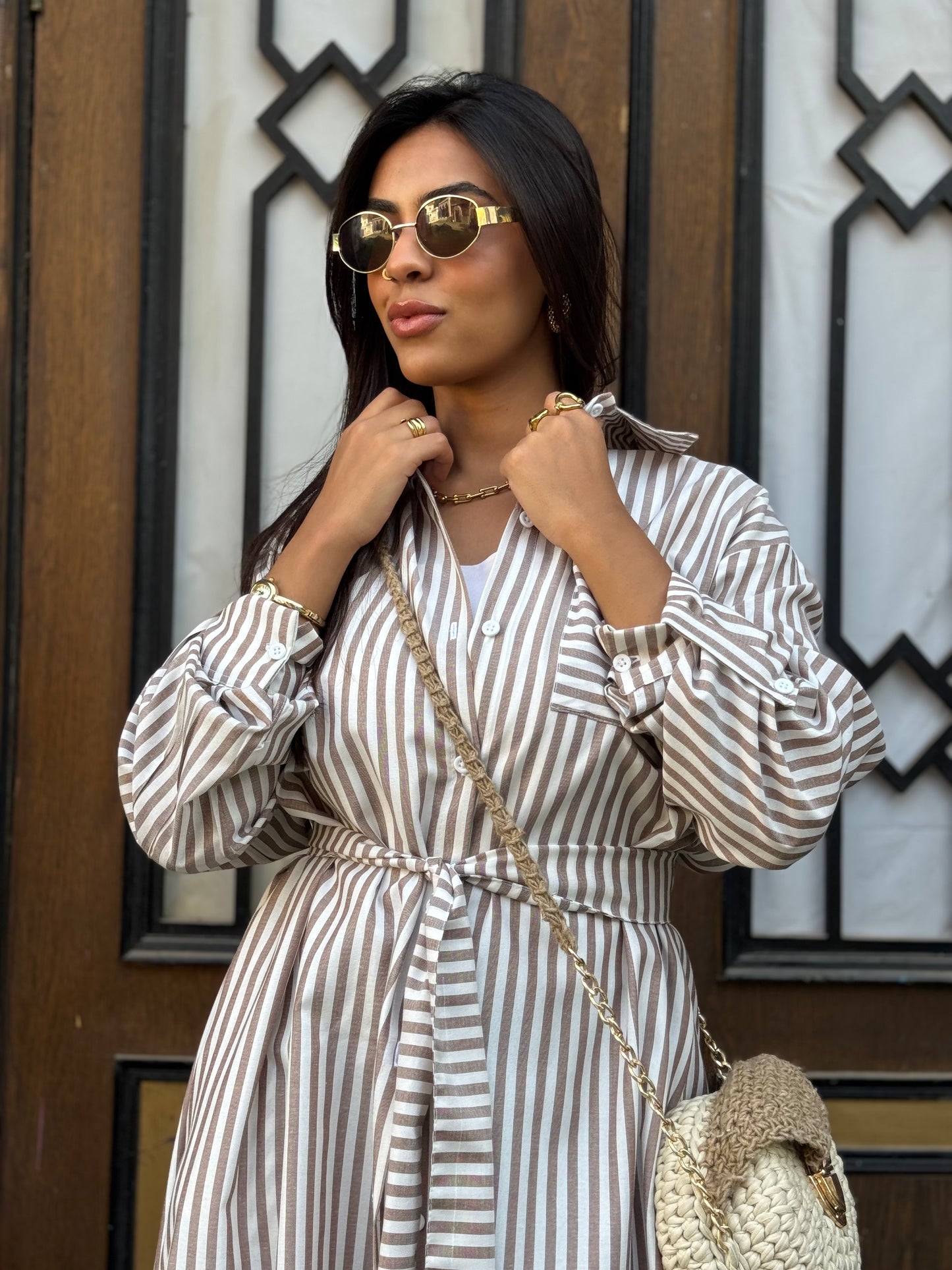 Beige Striped Chemise Dress