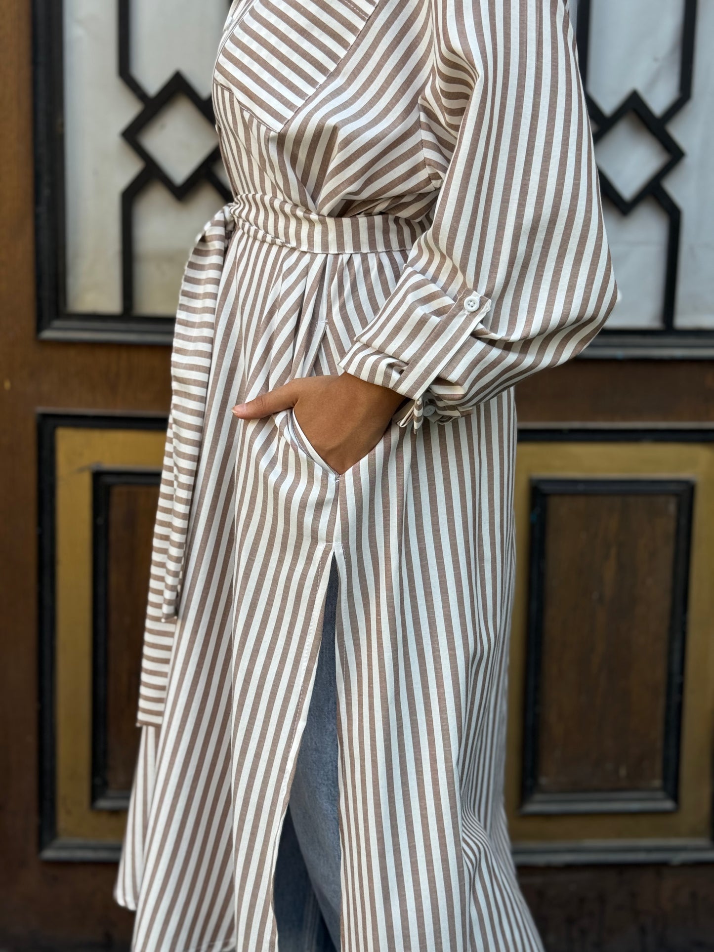 Beige Striped Chemise Dress