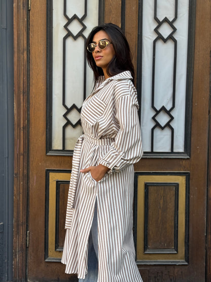Beige Striped Chemise Dress