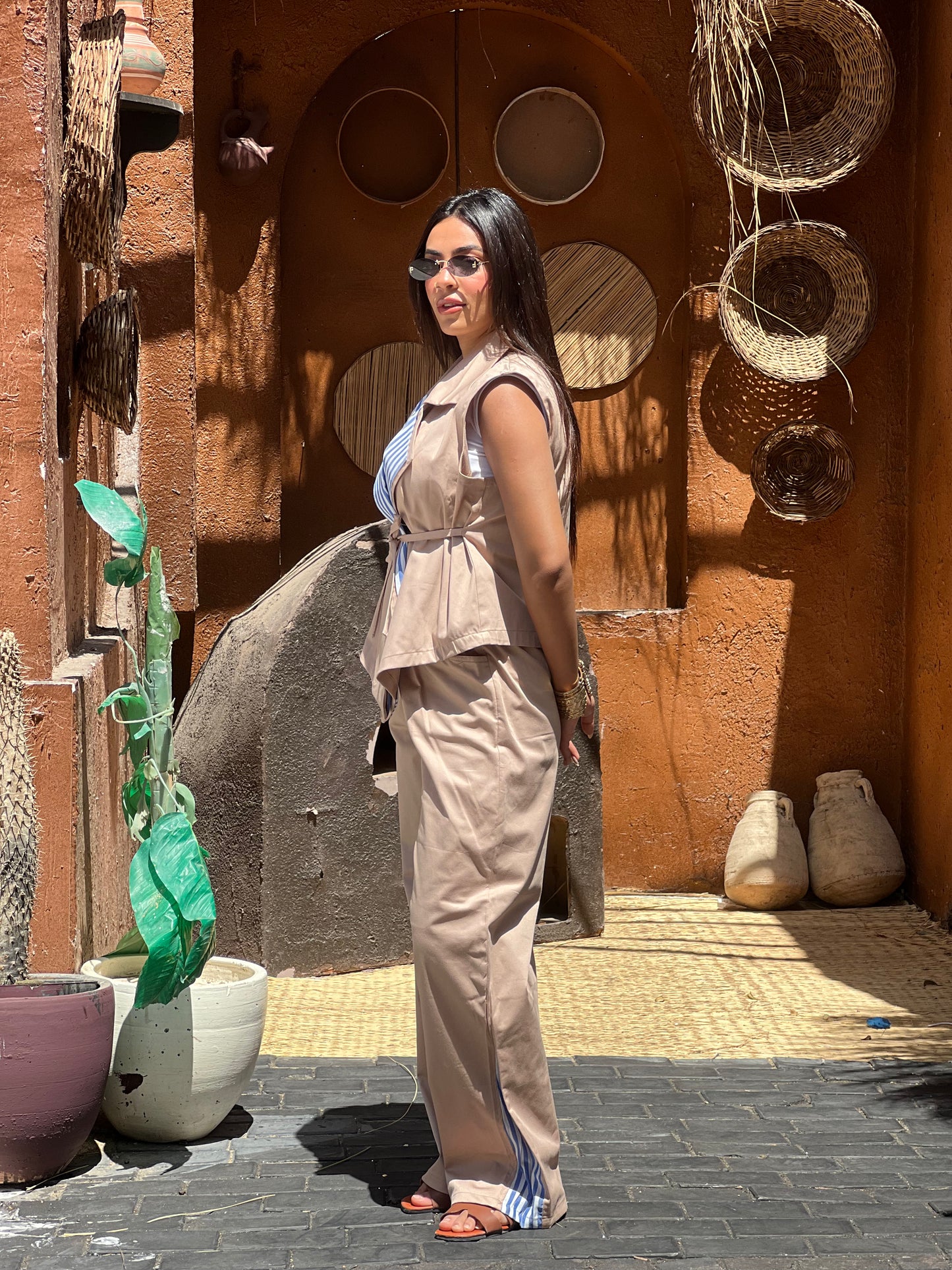 Striped Collar Vest Set in Beige