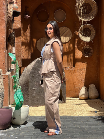 Striped Collar Vest Set in Beige