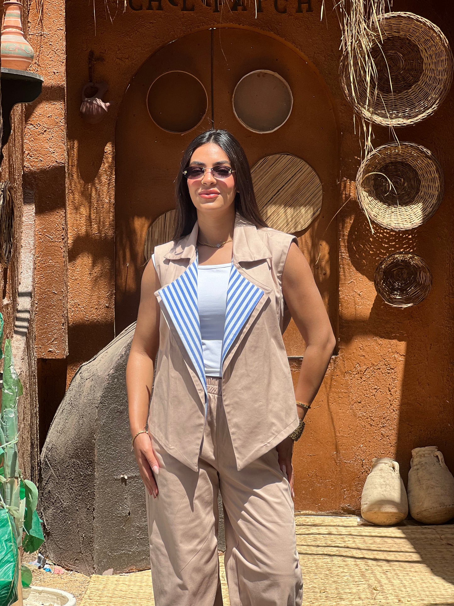 Striped Collar Vest Set in Beige